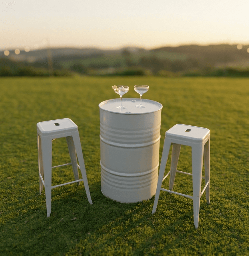 Drum cocktail table for hire — open top