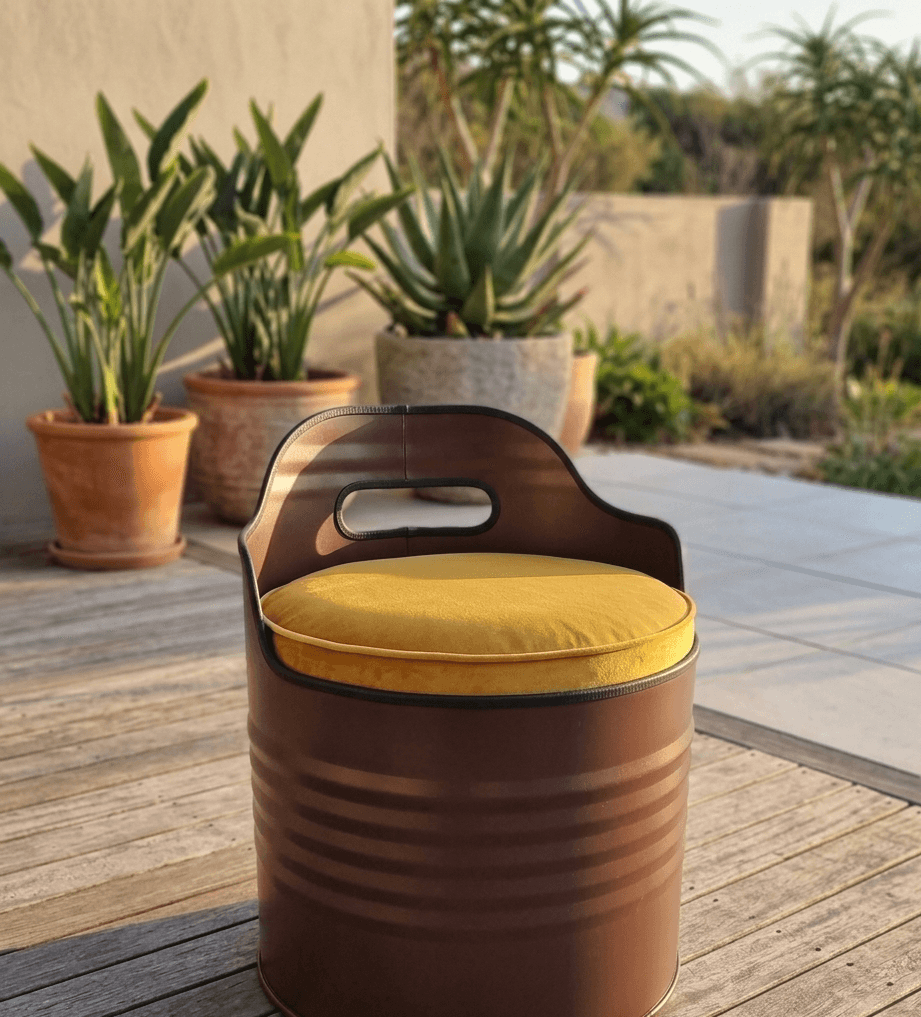 Vat n Sit handcrafted drum chair on a patio